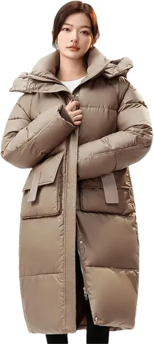 Pulcykp Womenloose Down Cotton-Padded Jacket Winter Casual Long Thickened Coat Over-Knee Hat Warm Coats