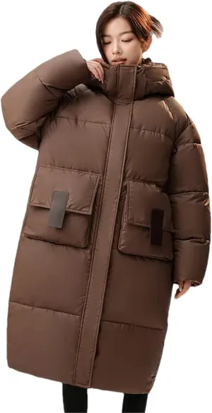 Pulcykp Womenloose Down Cotton-Padded Jacket Winter Casual Long Thickened Coat Over-Knee Hat Warm Coats