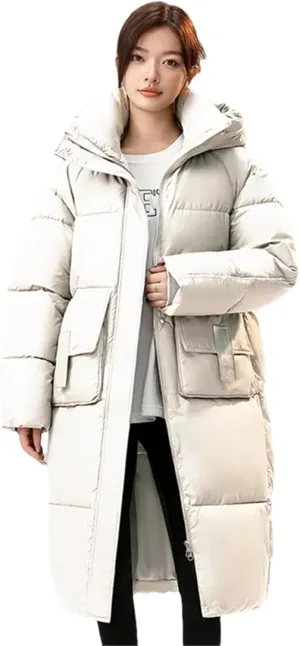 Pulcykp Womenloose Down Cotton-Padded Jacket Winter Casual Long Thickened Coat Over-Knee Hat Warm Coats