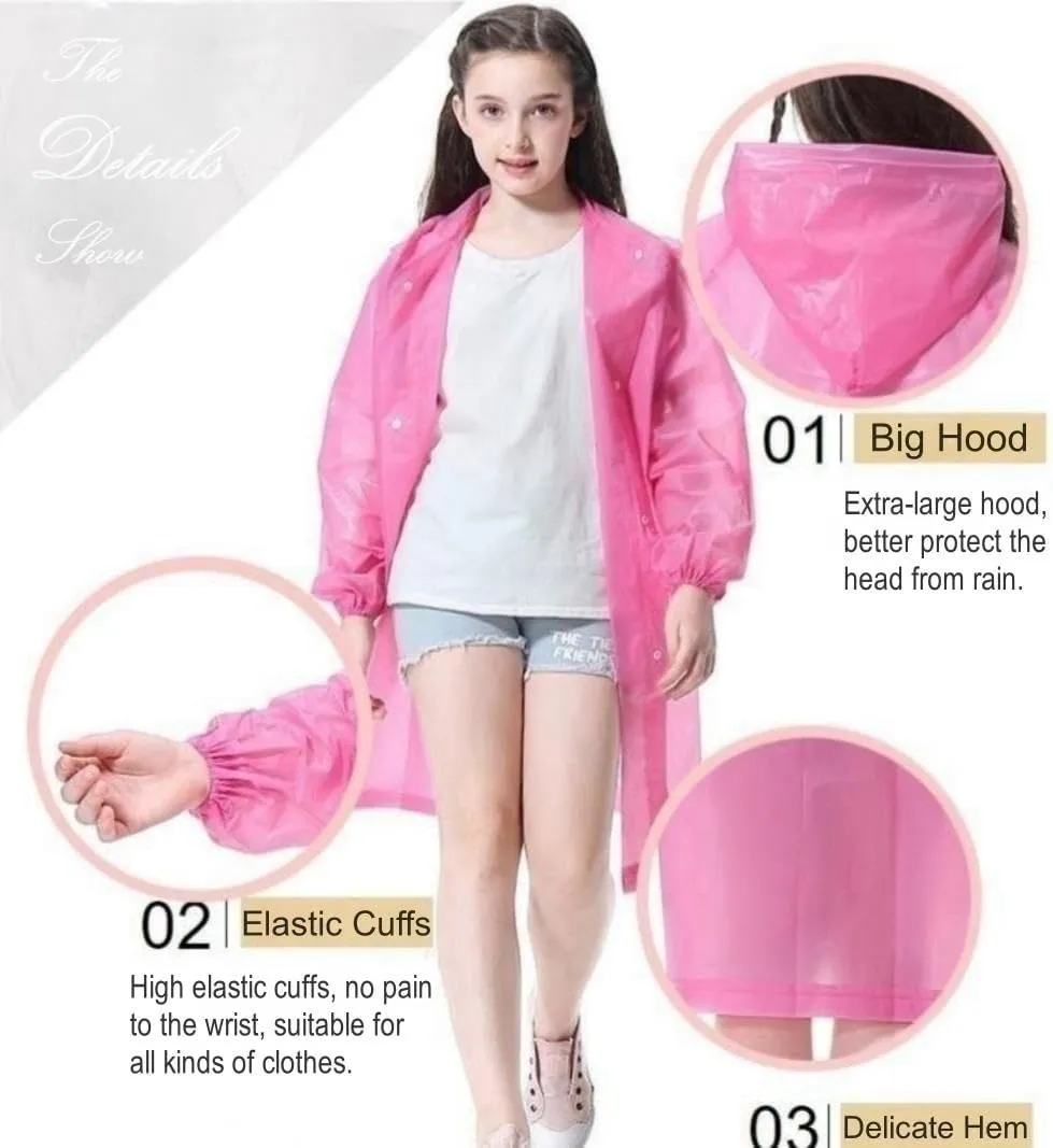 Raincoat Rain Poncho for Kids (2 Pack), Reusable EVA Rain Coats Jackets with Hood for 6-13 Children Boys Girls