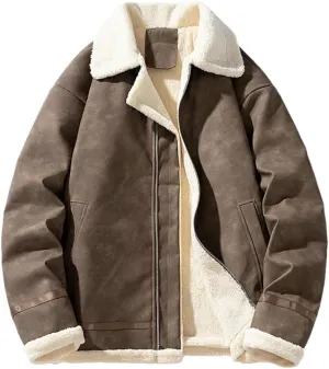 REHJJDFD Men Vintage Thickened Fleece-Lined Jacket Leather Clasp Warm Cotton-Padded Coat Lamb Wool Jacket