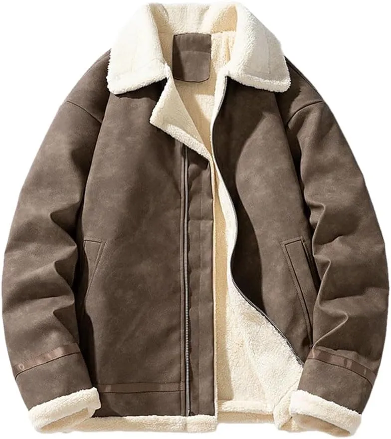 REHJJDFD Men Vintage Thickened Fleece-Lined Jacket Leather Clasp Warm Cotton-Padded Coat Lamb Wool Jacket