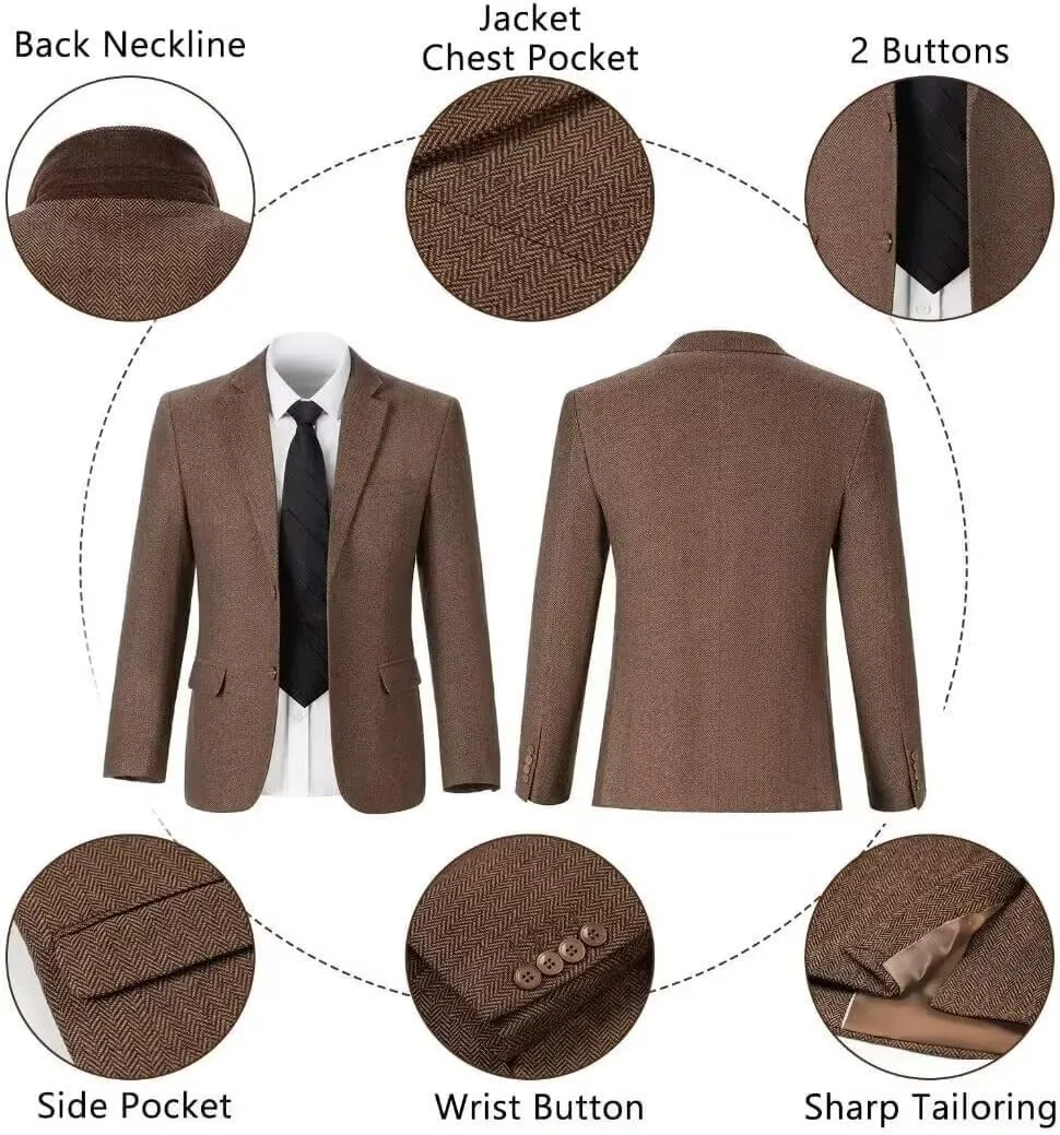 Retro Men Suit 3 Piece Tweed Herringbone Men's Suits Wool Jacket Tuxedos Wedding Grooms Blazer Vest Pants Set Prom