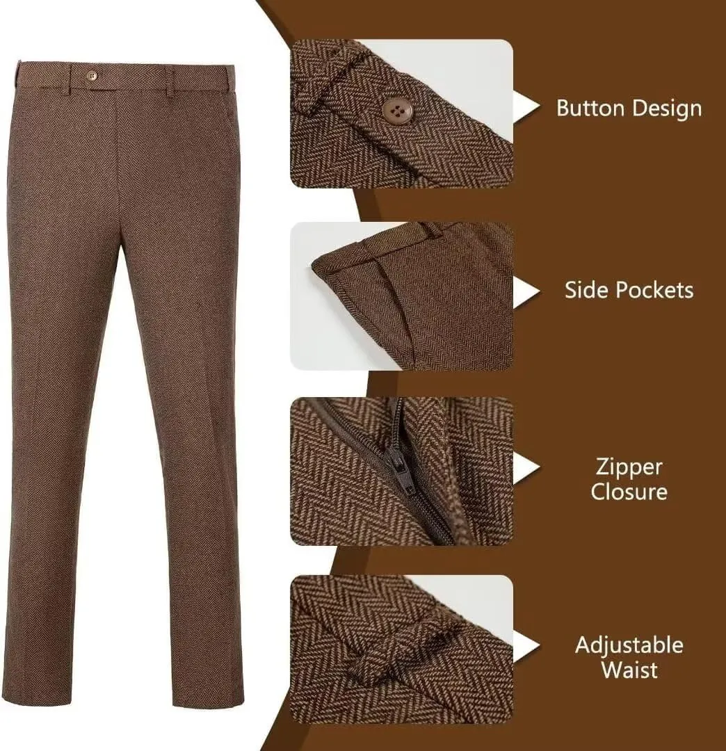 Retro Men Suit 3 Piece Tweed Herringbone Men's Suits Wool Jacket Tuxedos Wedding Grooms Blazer Vest Pants Set Prom