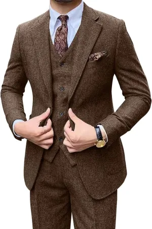 Retro Men Suit 3 Piece Tweed Herringbone Men's Suits Wool Jacket Tuxedos Wedding Grooms Blazer Vest Pants Set Prom