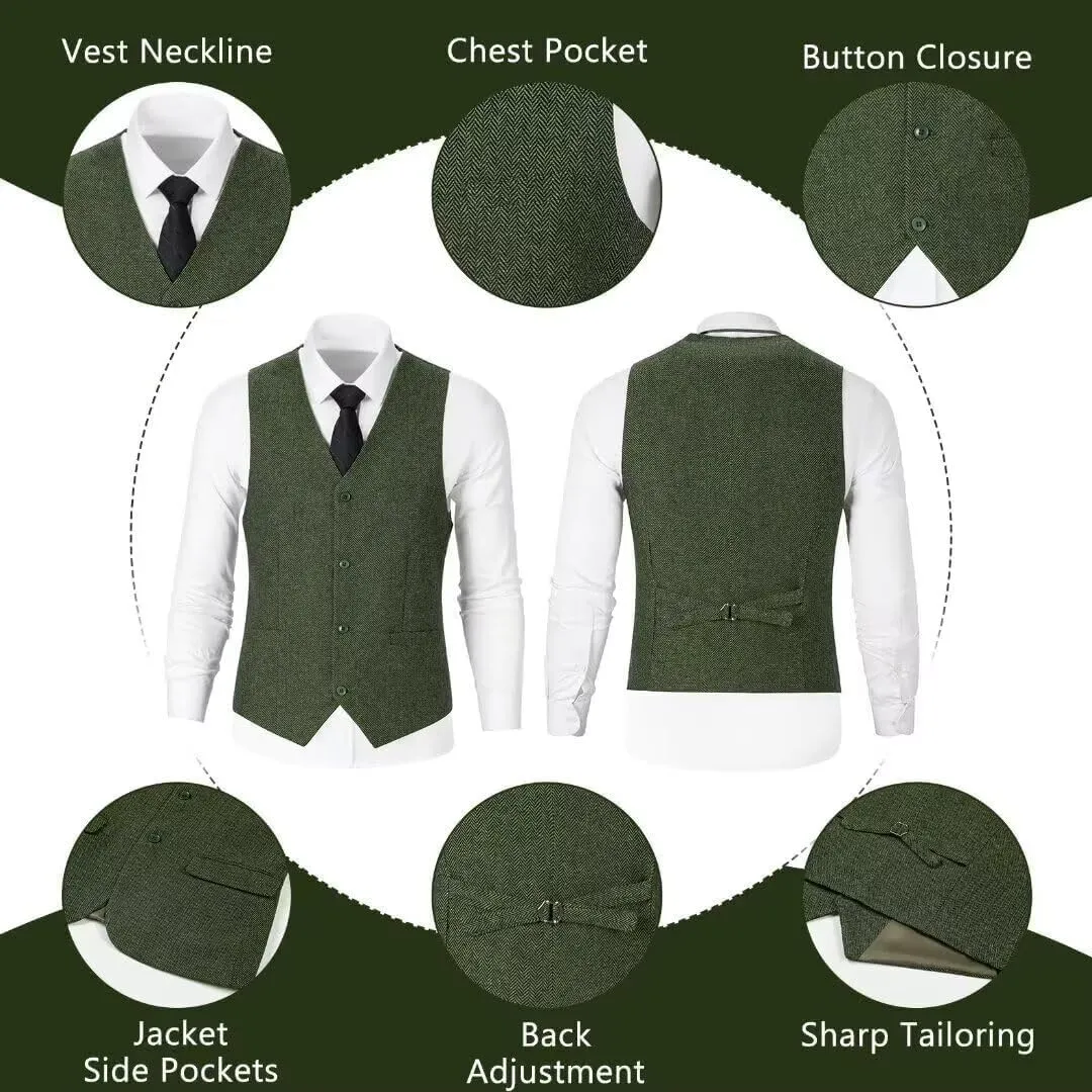Retro Men Suit 3 Piece Tweed Herringbone Men's Suits Wool Jacket Tuxedos Wedding Grooms Blazer Vest Pants Set Prom