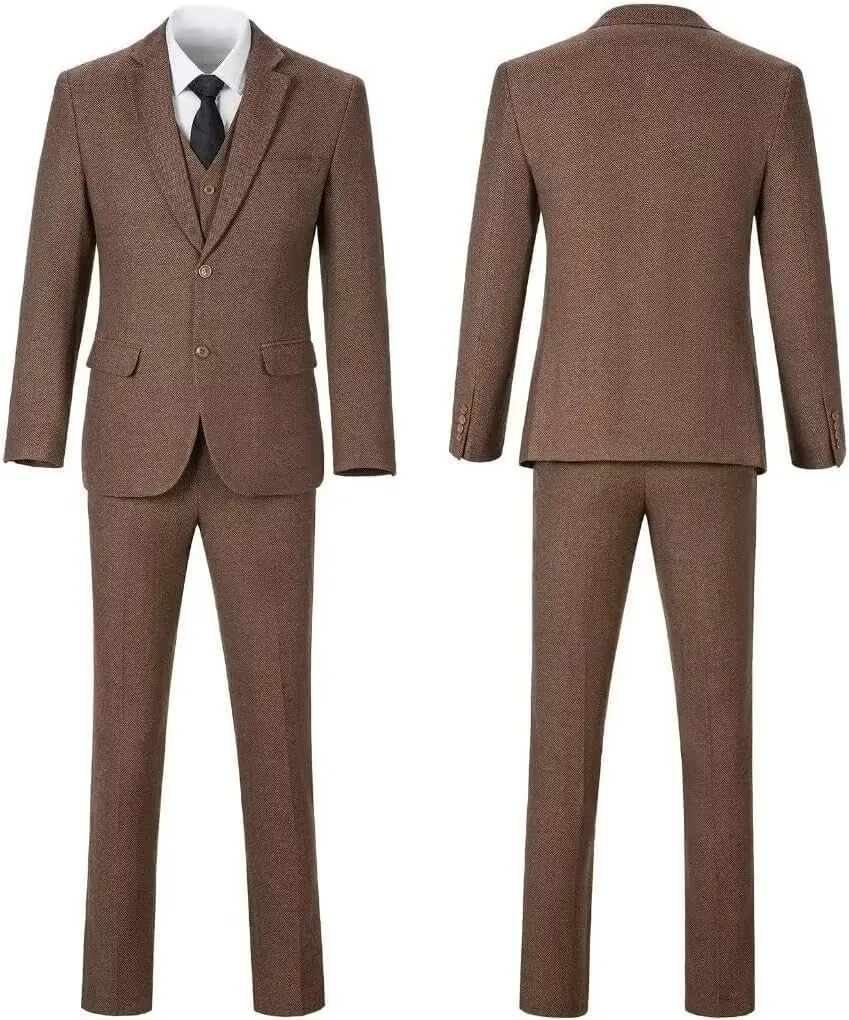 Retro Men Suit 3 Piece Tweed Herringbone Men's Suits Wool Jacket Tuxedos Wedding Grooms Blazer Vest Pants Set Prom