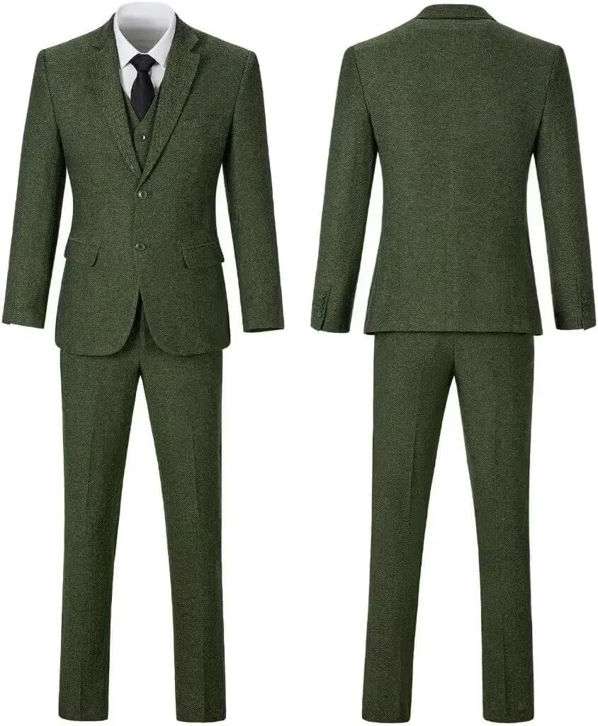 Retro Men Suit 3 Piece Tweed Herringbone Men's Suits Wool Jacket Tuxedos Wedding Grooms Blazer Vest Pants Set Prom