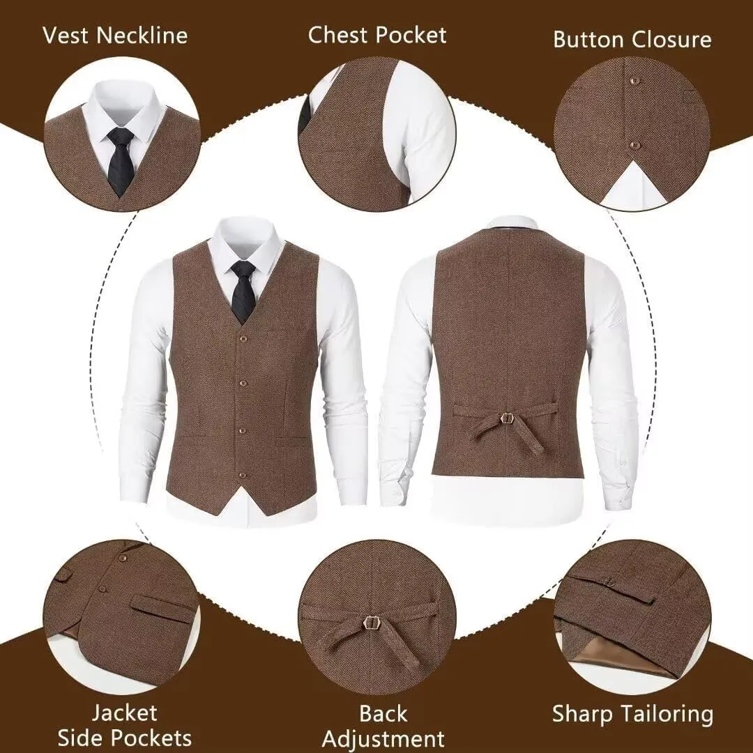 Retro Men Suit 3 Piece Tweed Herringbone Men's Suits Wool Jacket Tuxedos Wedding Grooms Blazer Vest Pants Set Prom