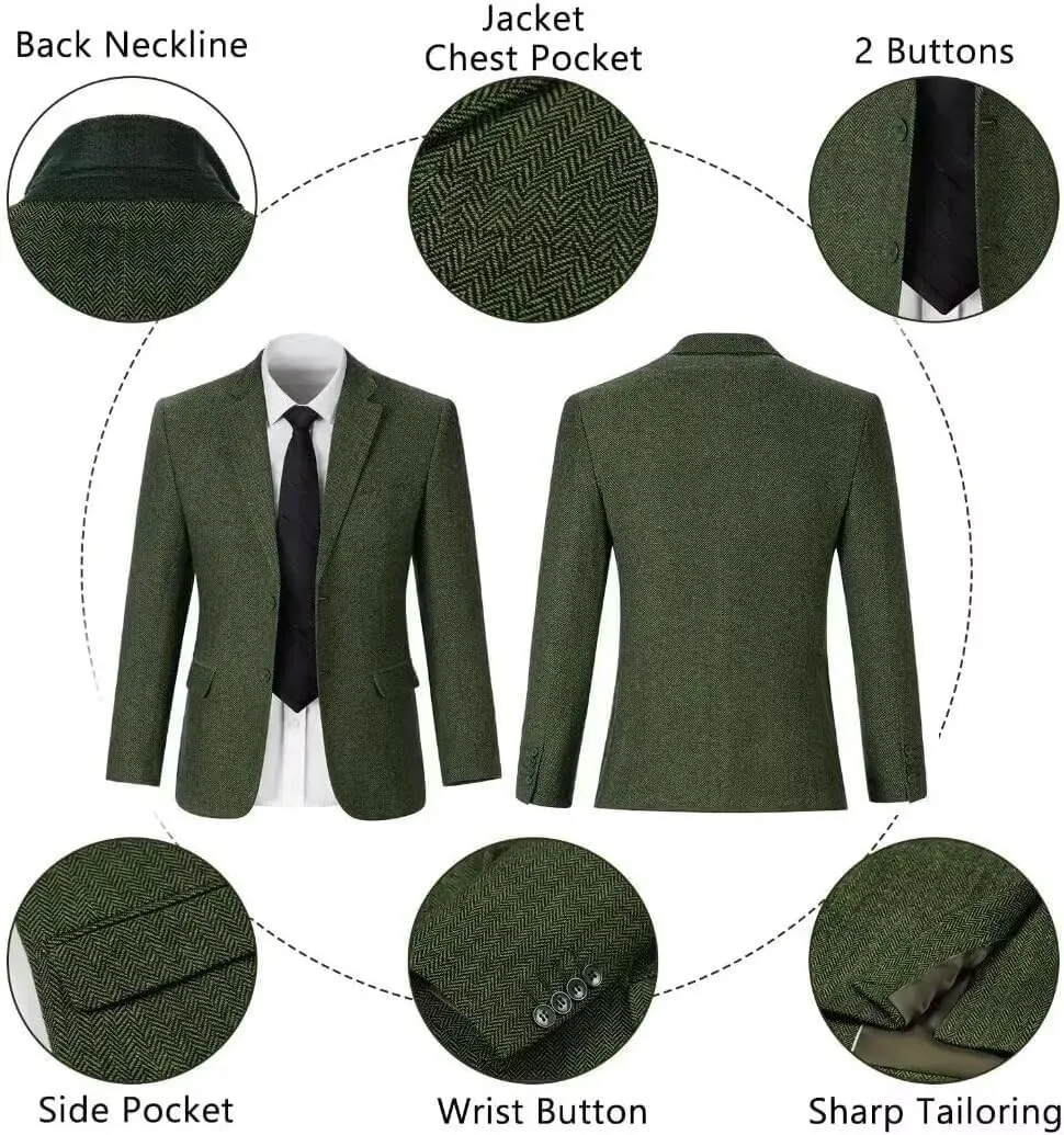 Retro Men Suit 3 Piece Tweed Herringbone Men's Suits Wool Jacket Tuxedos Wedding Grooms Blazer Vest Pants Set Prom