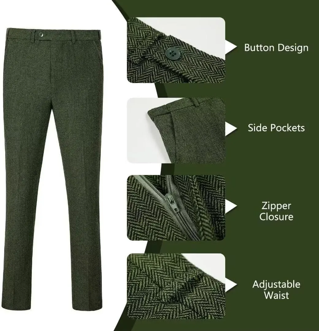 Retro Men Suit 3 Piece Tweed Herringbone Men's Suits Wool Jacket Tuxedos Wedding Grooms Blazer Vest Pants Set Prom