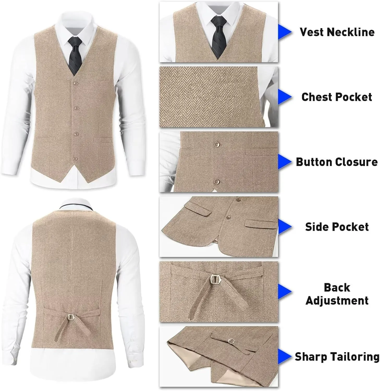 Retro Tweed Herringbone Suit for Men Slim Fit 3 Pieces Mens Suit Groom Dress Tuxedos Prom Suit Jacket Vest Pants