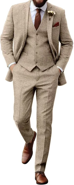 Retro Tweed Herringbone Suit for Men Slim Fit 3 Pieces Mens Suit Groom Dress Tuxedos Prom Suit Jacket Vest Pants
