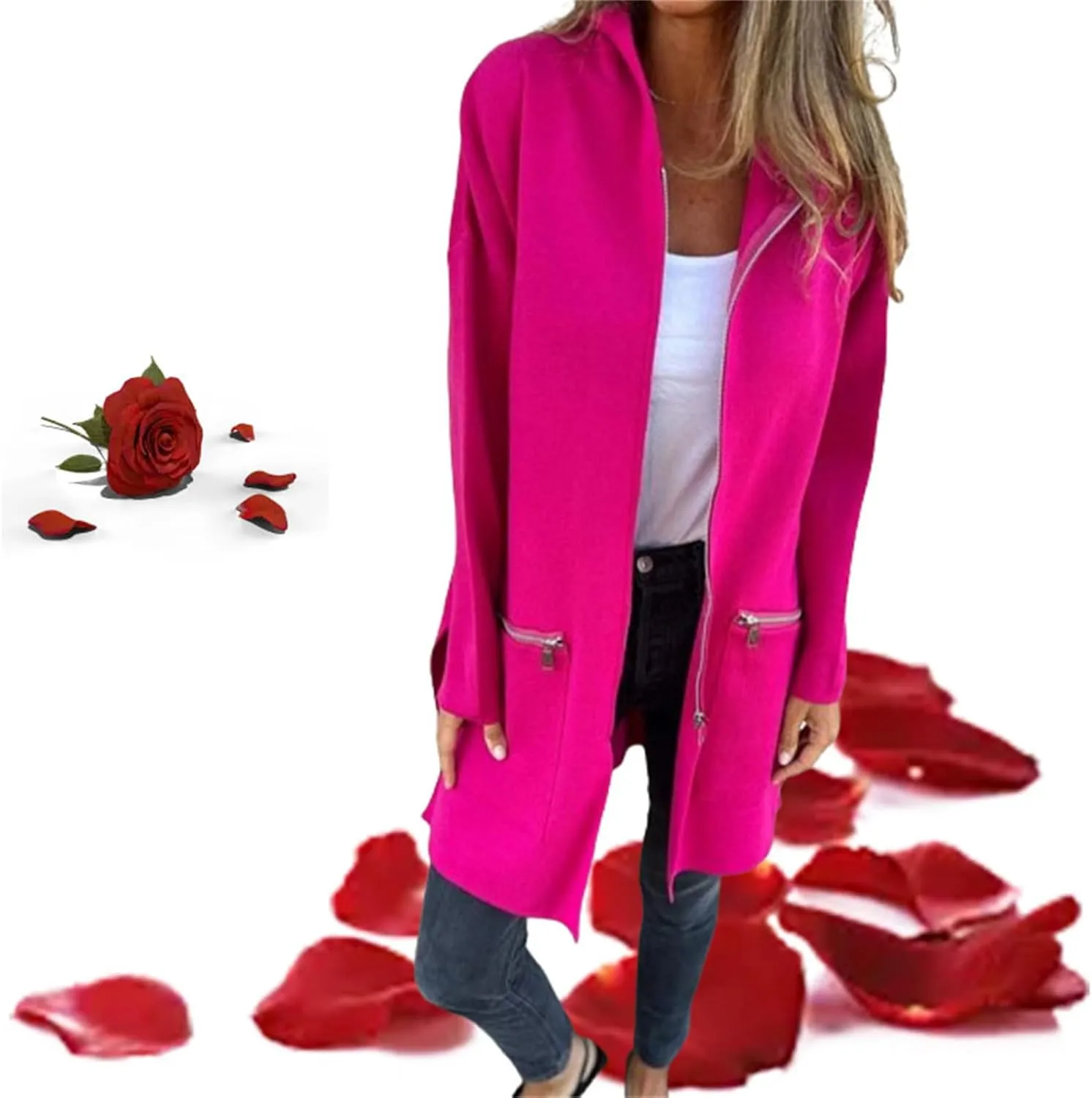 Round Neck Zipper Long Sleeve Casual Jacket,Womens Zip Up Hoodies Autumn Winter Tunic Trench Coat with Zip Pockets