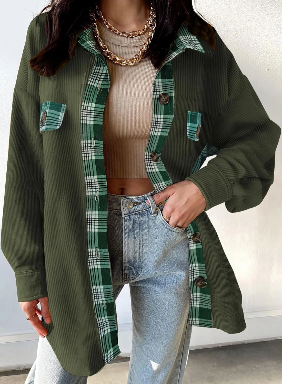 SANDERY Womens Corduroy Button Down Shirts for Women Shacket Long Sleeve Tops Collared Shirt Jacket Pocket Coats
