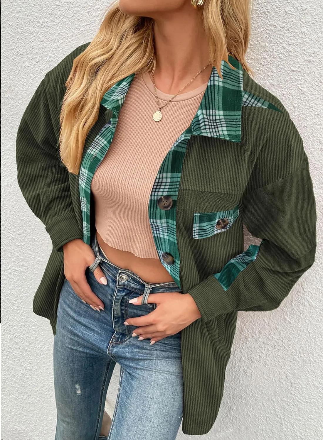 SANDERY Womens Corduroy Button Down Shirts for Women Shacket Long Sleeve Tops Collared Shirt Jacket Pocket Coats