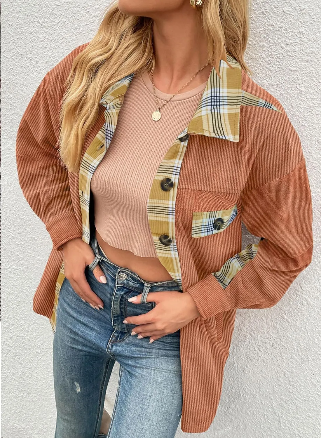 SANDERY Womens Corduroy Button Down Shirts for Women Shacket Long Sleeve Tops Collared Shirt Jacket Pocket Coats