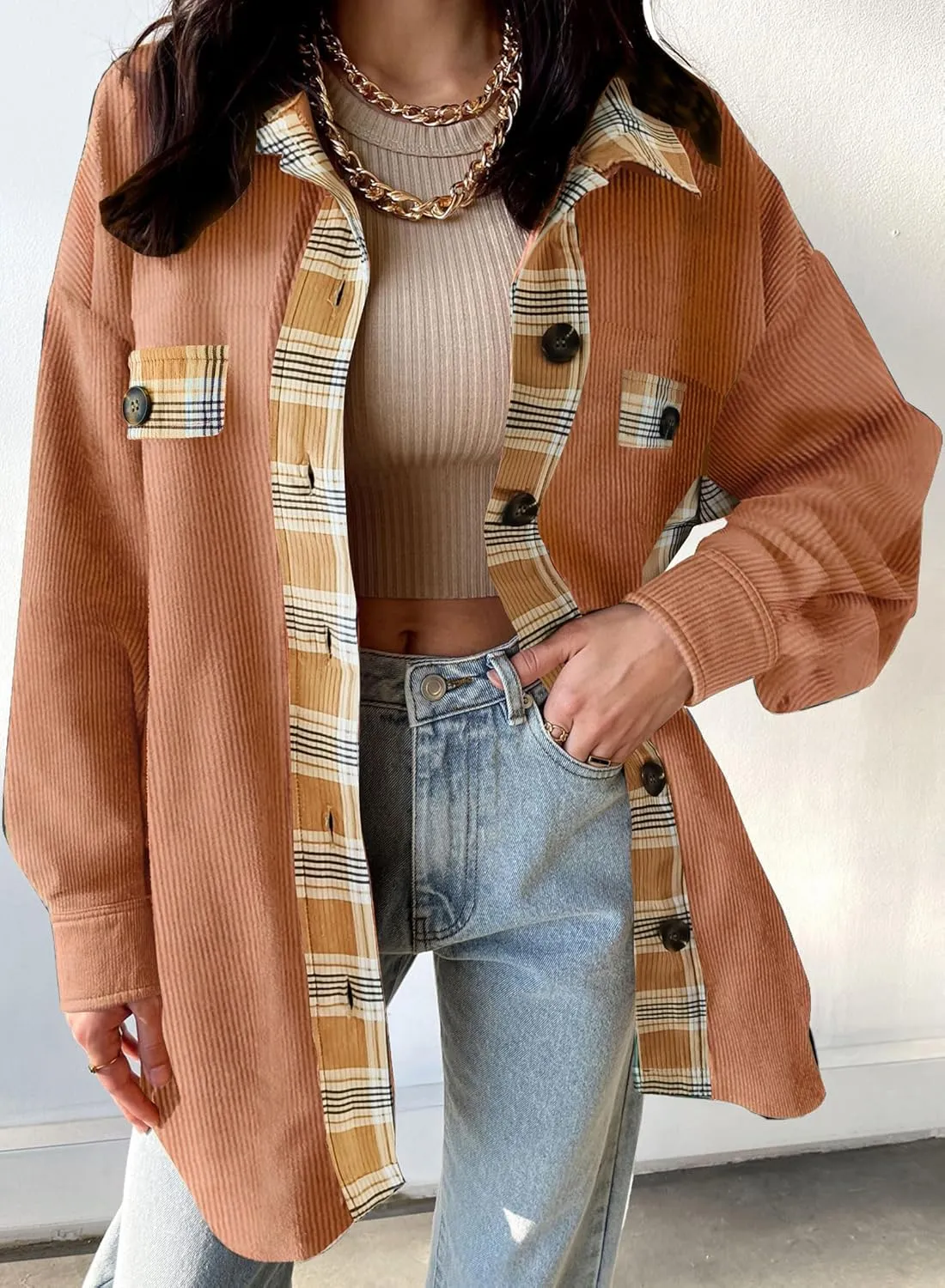 SANDERY Womens Corduroy Button Down Shirts for Women Shacket Long Sleeve Tops Collared Shirt Jacket Pocket Coats