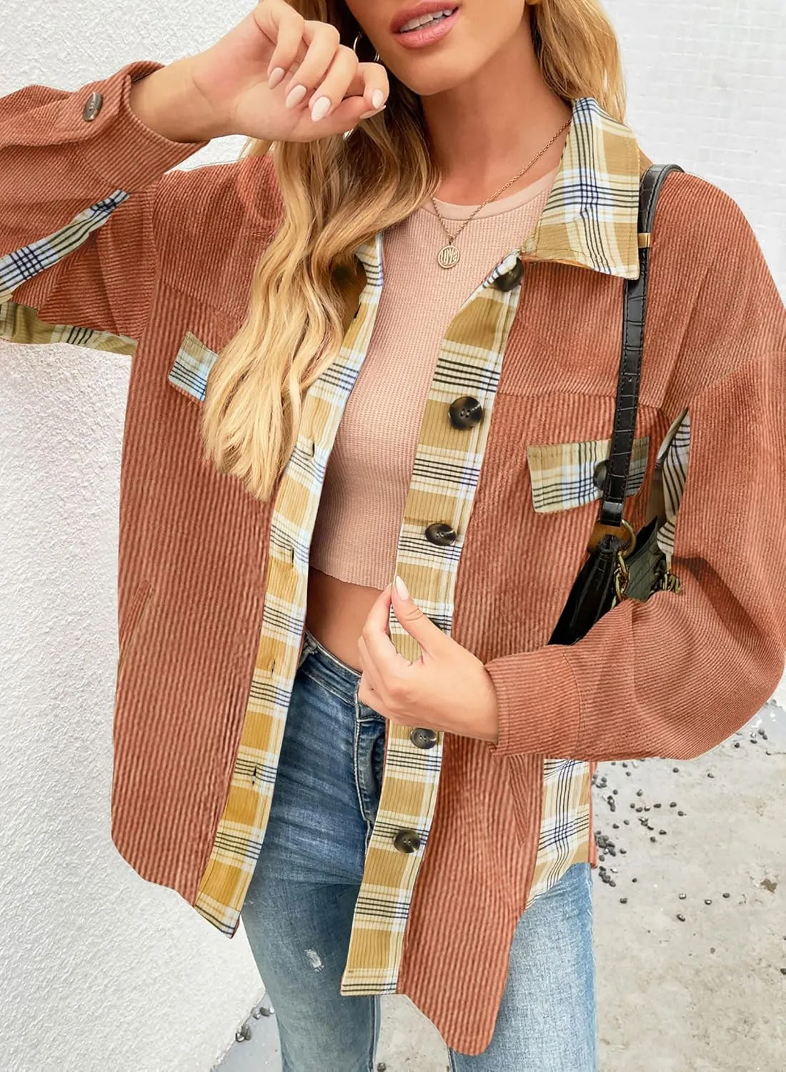 SANDERY Womens Corduroy Button Down Shirts for Women Shacket Long Sleeve Tops Collared Shirt Jacket Pocket Coats