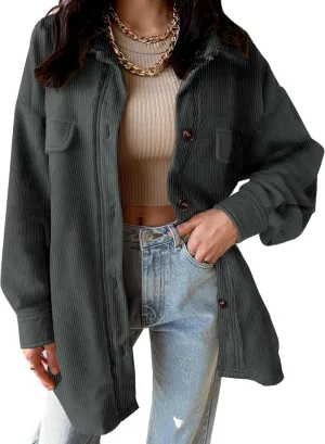 SANDERY Womens Corduroy Button Down Shirts for Women Shacket Long Sleeve Tops Collared Shirt Jacket Pocket Coats
