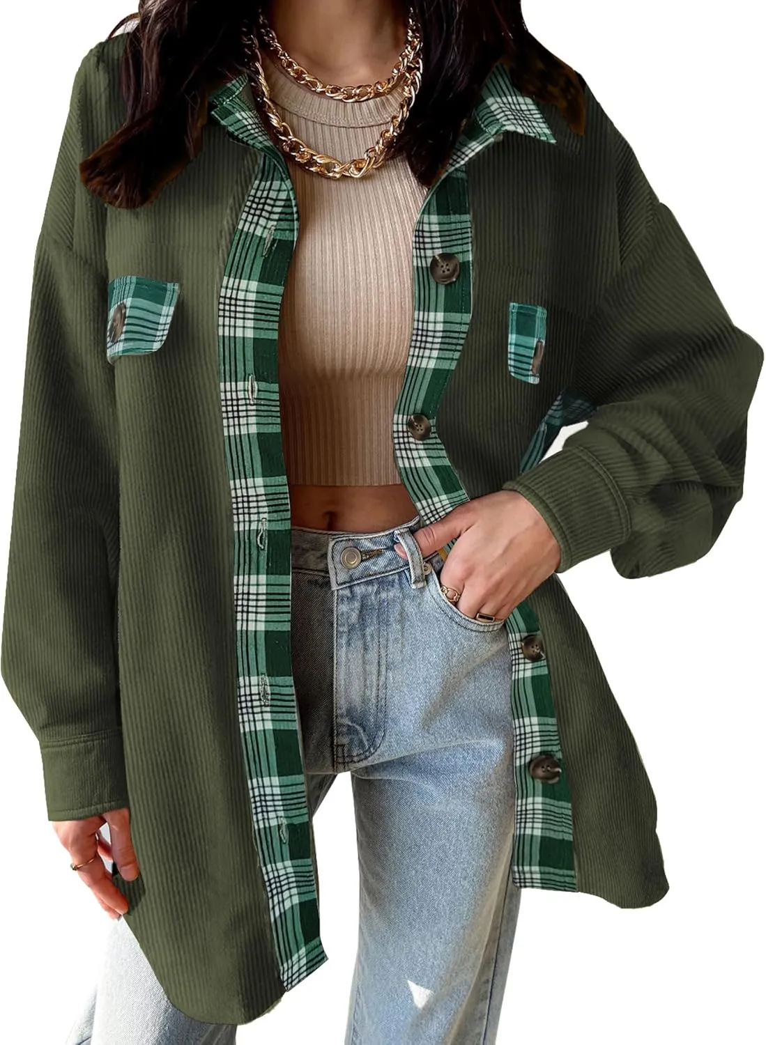 SANDERY Womens Corduroy Button Down Shirts for Women Shacket Long Sleeve Tops Collared Shirt Jacket Pocket Coats