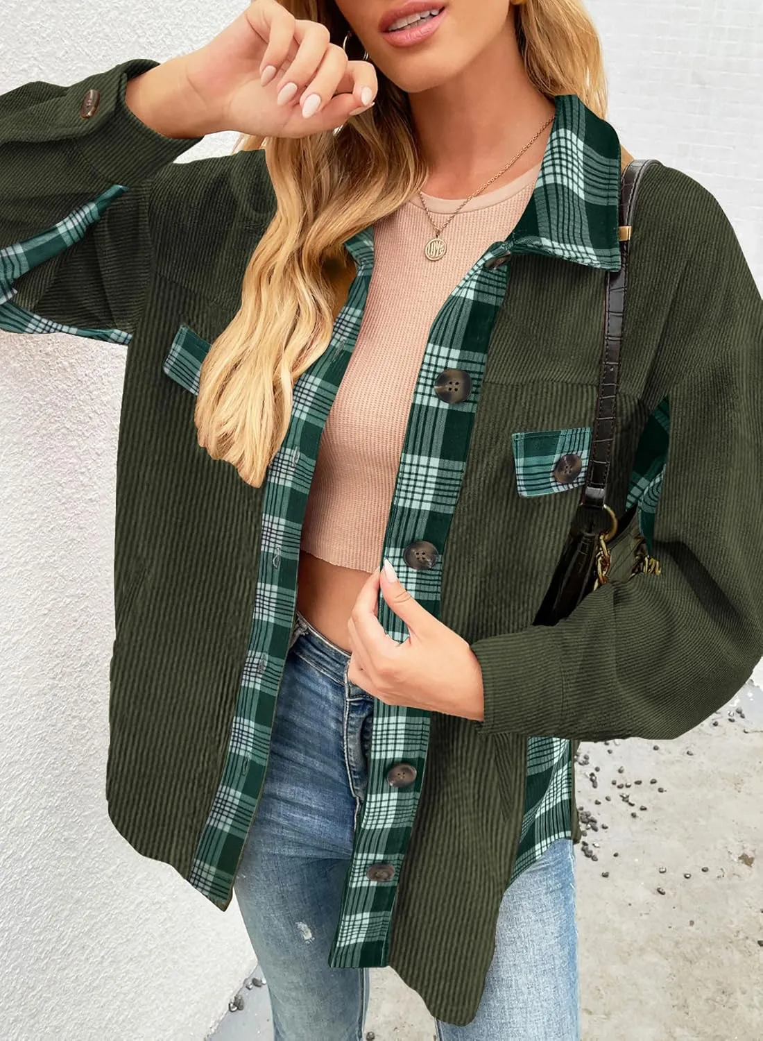 SANDERY Womens Corduroy Button Down Shirts for Women Shacket Long Sleeve Tops Collared Shirt Jacket Pocket Coats