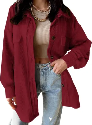 SANDERY Womens Corduroy Button Down Shirts for Women Shacket Long Sleeve Tops Collared Shirt Jacket Pocket Coats