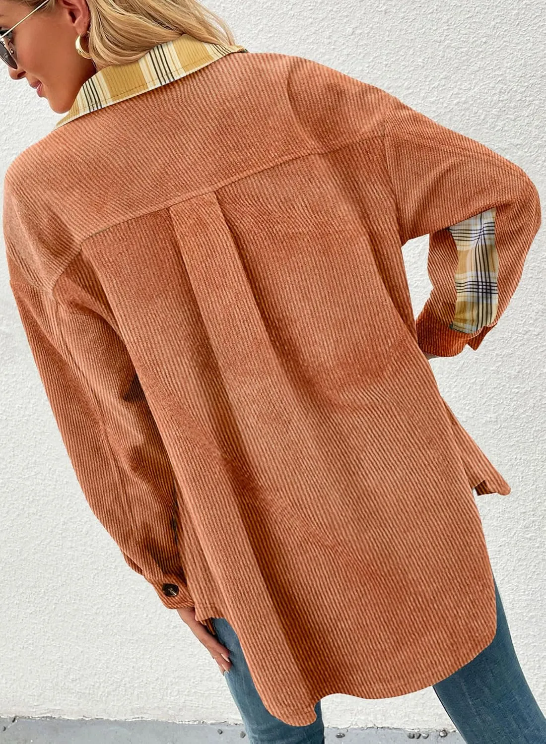 SANDERY Womens Corduroy Button Down Shirts for Women Shacket Long Sleeve Tops Collared Shirt Jacket Pocket Coats