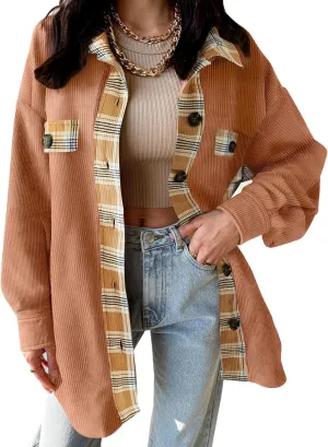 SANDERY Womens Corduroy Button Down Shirts for Women Shacket Long Sleeve Tops Collared Shirt Jacket Pocket Coats