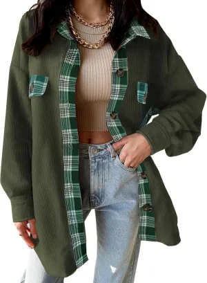 SANDERY Womens Corduroy Button Down Shirts for Women Shacket Long Sleeve Tops Collared Shirt Jacket Pocket Coats