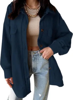 SANDERY Womens Corduroy Button Down Shirts for Women Shacket Long Sleeve Tops Collared Shirt Jacket Pocket Coats