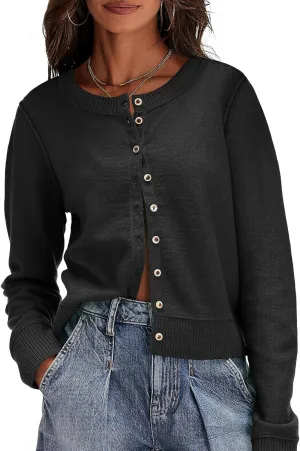 Saodimallsu Womens Button Down Cardigan Sweaters Lightweight Long Sleeve Crew Neck Summer Knit Open Front Tops