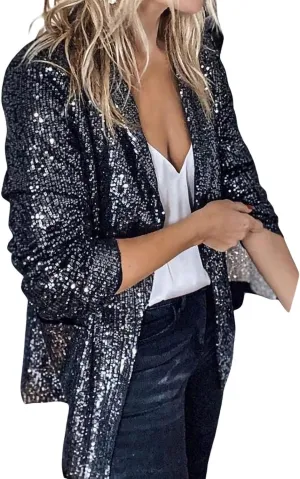 Sequin Blazer for Women Casual Sequins Long Sleeves Lapel Jacket Glitter Cardigan Coat Business Office Outfit