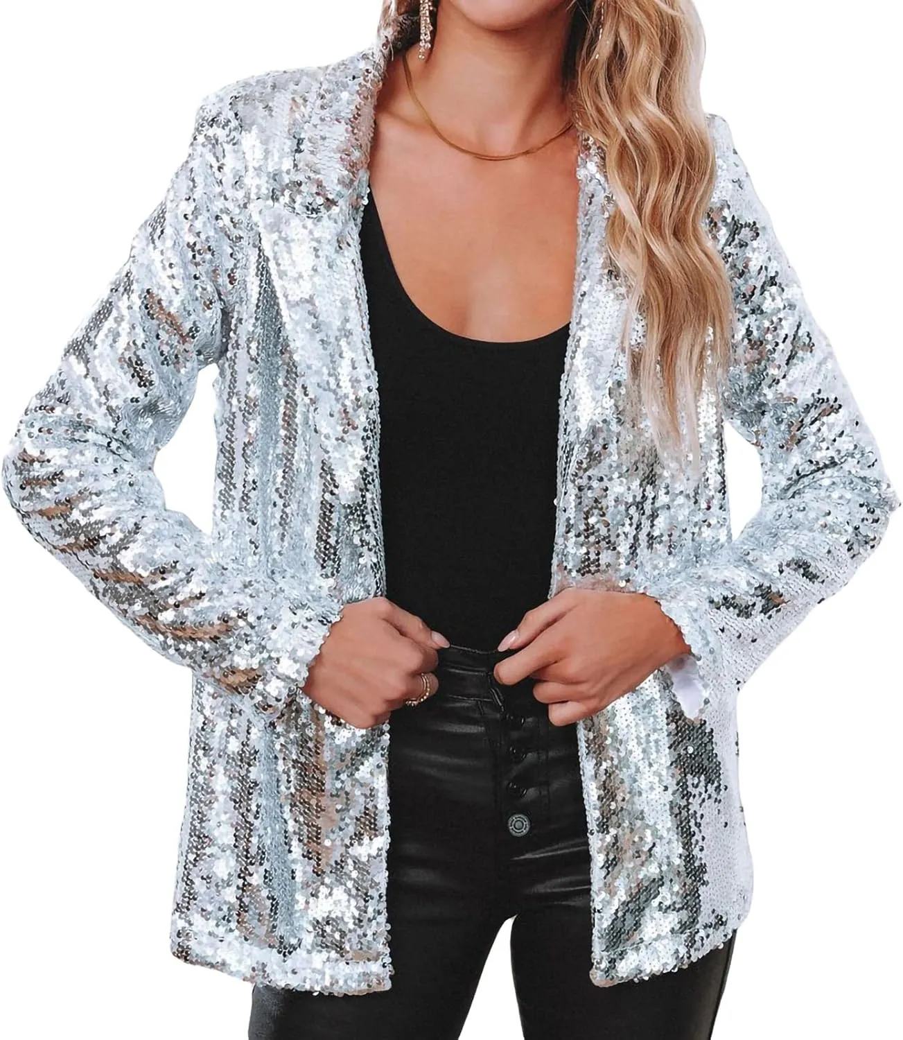 Sequin Blazer for Women Casual Sequins Long Sleeves Lapel Jacket Glitter Cardigan Coat Business Office Outfit