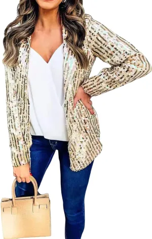 Sequin Blazer for Women Casual Sequins Long Sleeves Lapel Jacket Glitter Cardigan Coat Business Office Outfit