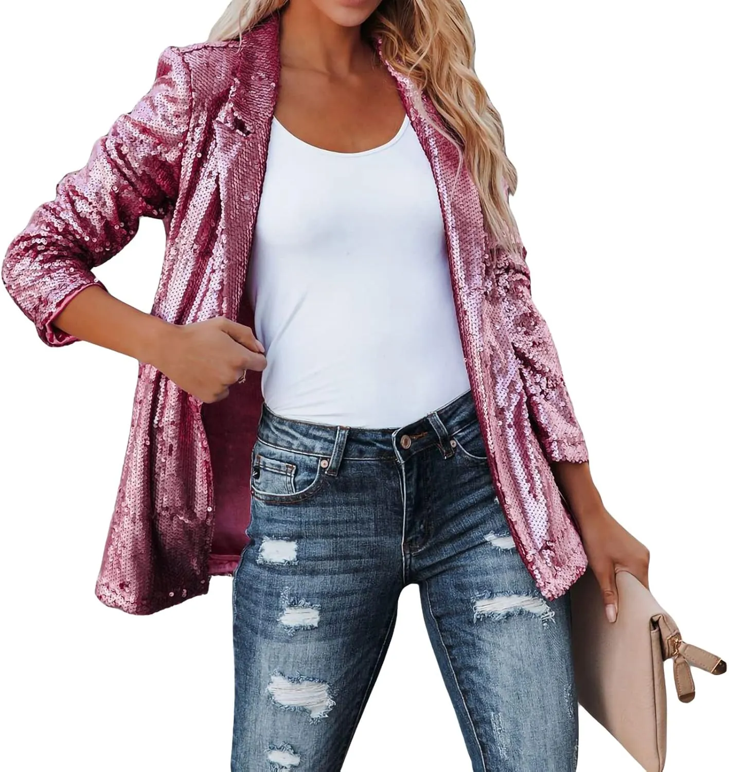 Sequin Blazer for Women Casual Sequins Long Sleeves Lapel Jacket Glitter Cardigan Coat Business Office Outfit