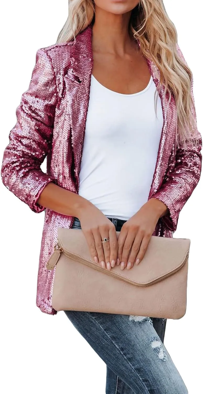 Sequin Blazer for Women Casual Sequins Long Sleeves Lapel Jacket Glitter Cardigan Coat Business Office Outfit