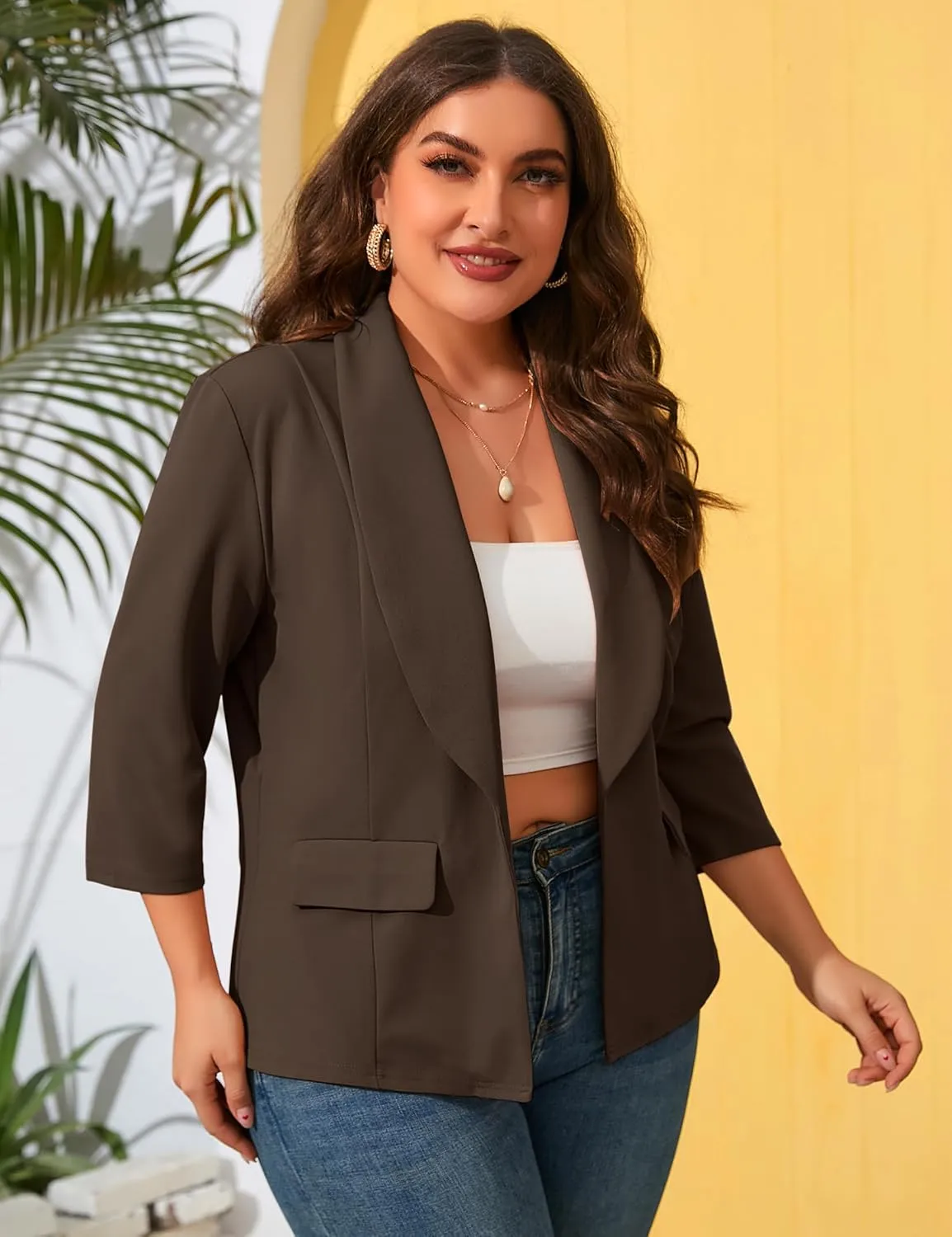 ShopWonder Womens Plus Size Casual Pocketed Blazer Office Open Front 3/4 Sleeve Cardigans Jacket Work Suit