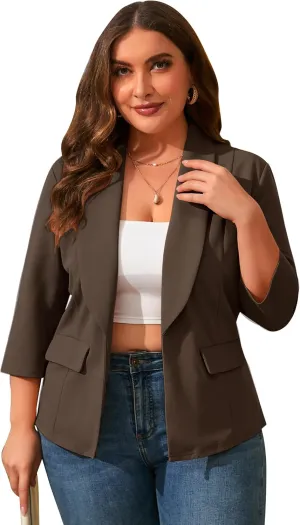 ShopWonder Womens Plus Size Casual Pocketed Blazer Office Open Front 3/4 Sleeve Cardigans Jacket Work Suit