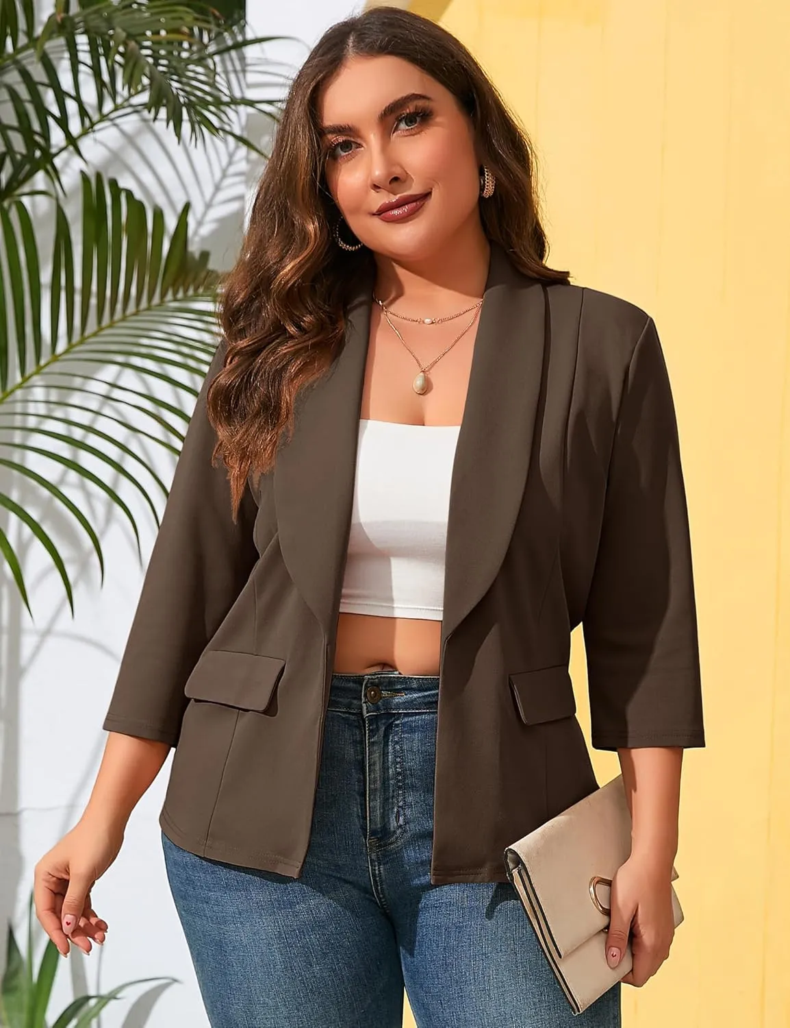 ShopWonder Womens Plus Size Casual Pocketed Blazer Office Open Front 3/4 Sleeve Cardigans Jacket Work Suit