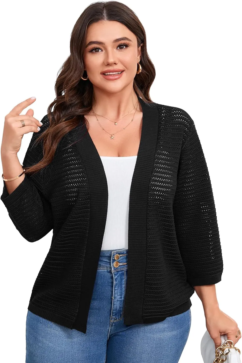 ShopWonder Womens Plus Size Summer Cardigan 3/4 Length Sleeve Sweaters Lightweight Casual Knitted Open Front Cardigans