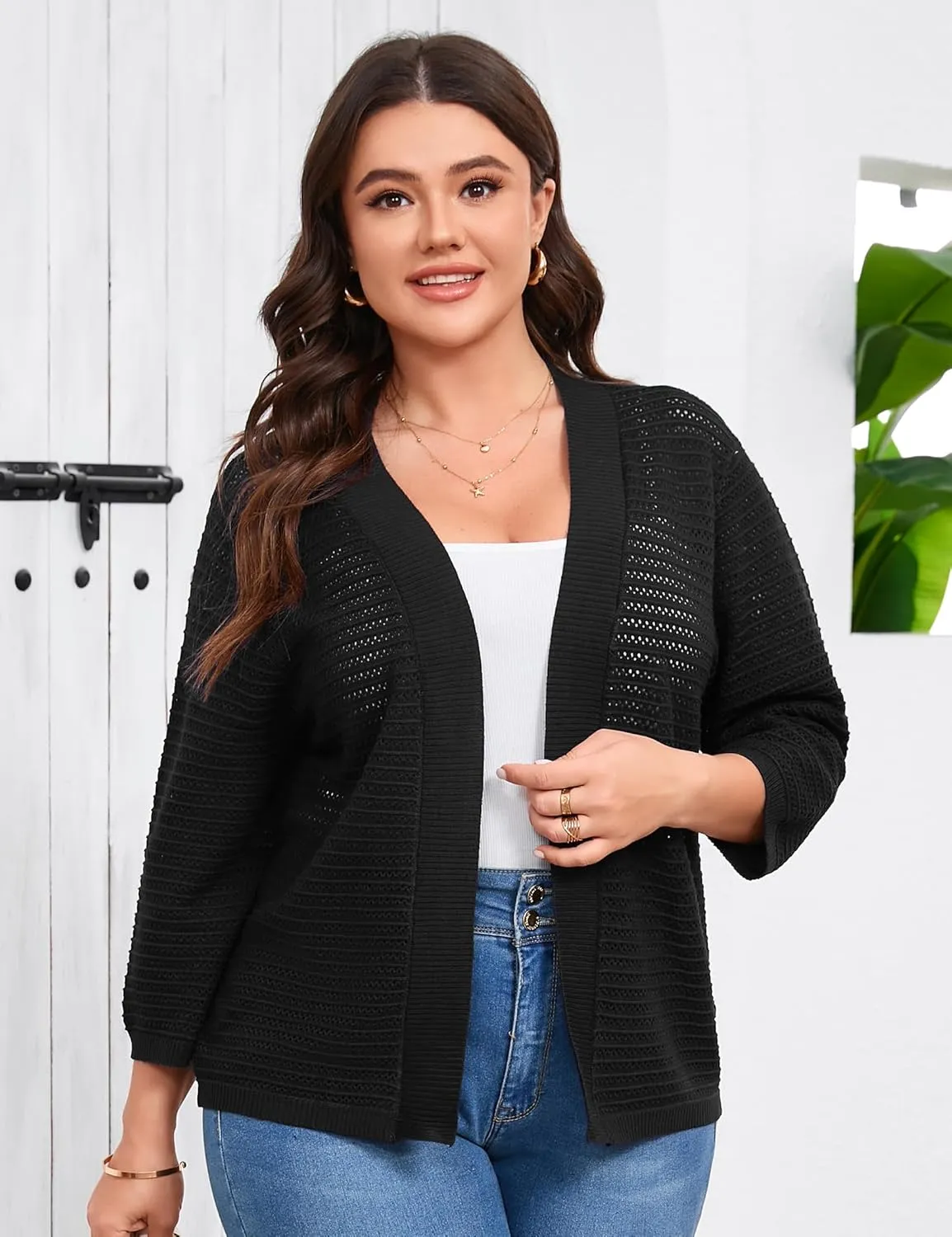 ShopWonder Womens Plus Size Summer Cardigan 3/4 Length Sleeve Sweaters Lightweight Casual Knitted Open Front Cardigans