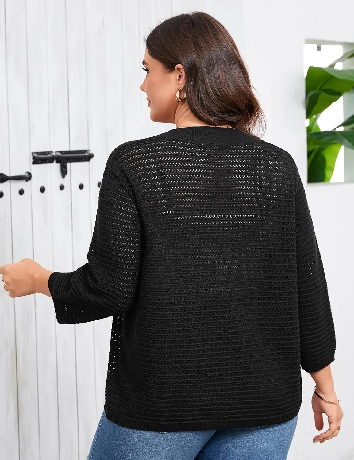 ShopWonder Womens Plus Size Summer Cardigan 3/4 Length Sleeve Sweaters Lightweight Casual Knitted Open Front Cardigans
