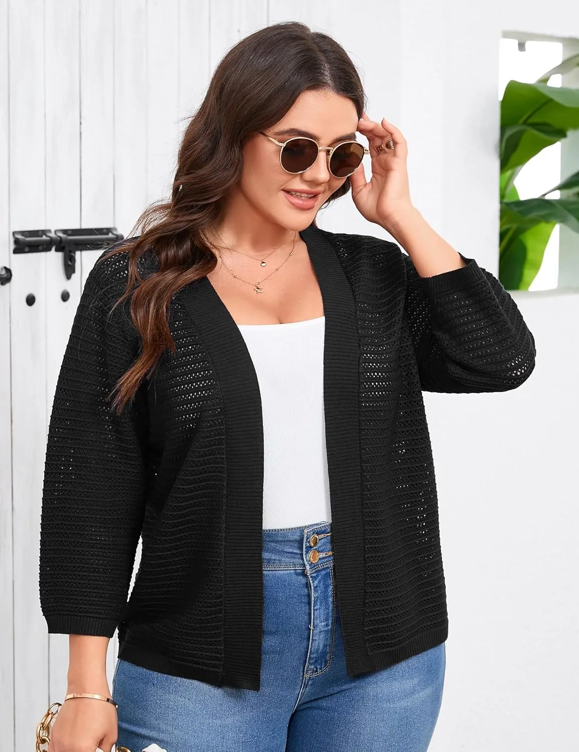 ShopWonder Womens Plus Size Summer Cardigan 3/4 Length Sleeve Sweaters Lightweight Casual Knitted Open Front Cardigans