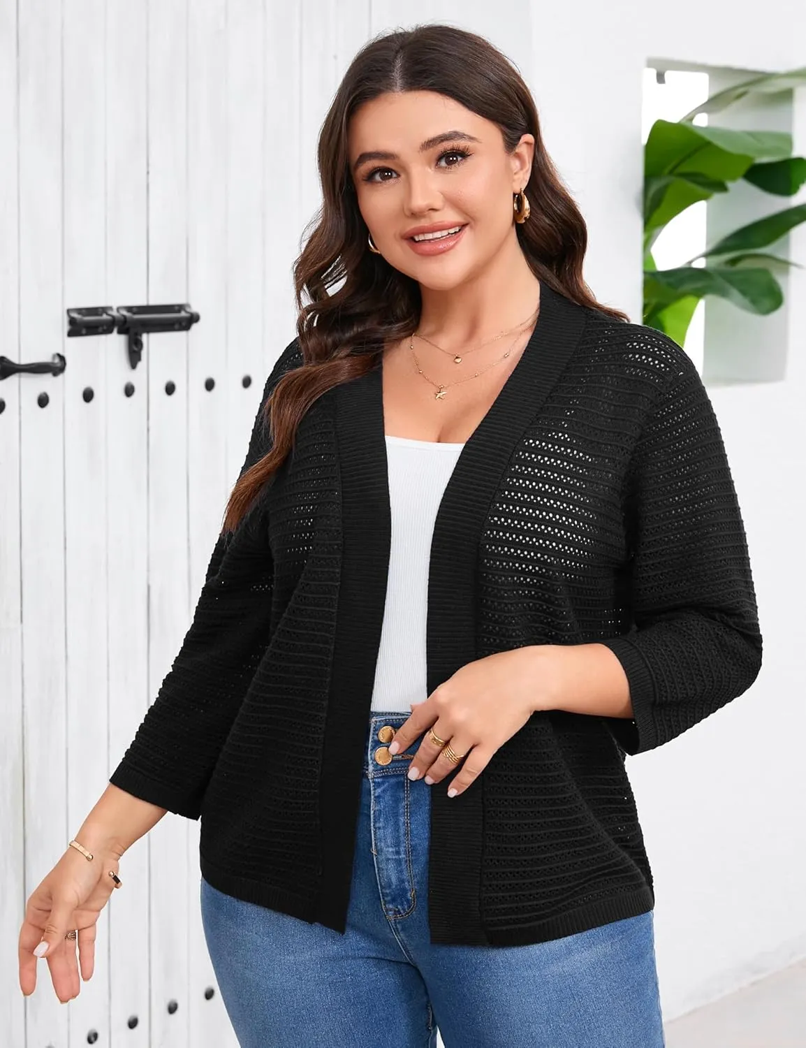ShopWonder Womens Plus Size Summer Cardigan 3/4 Length Sleeve Sweaters Lightweight Casual Knitted Open Front Cardigans