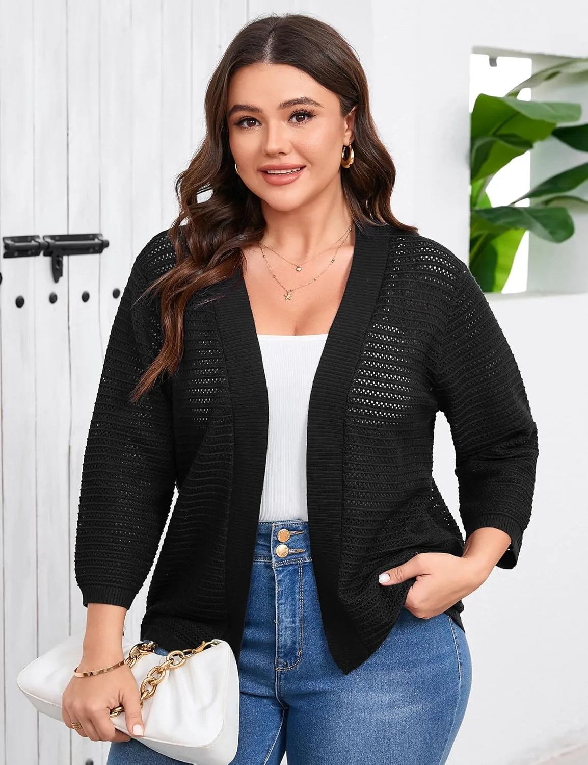 ShopWonder Womens Plus Size Summer Cardigan 3/4 Length Sleeve Sweaters Lightweight Casual Knitted Open Front Cardigans