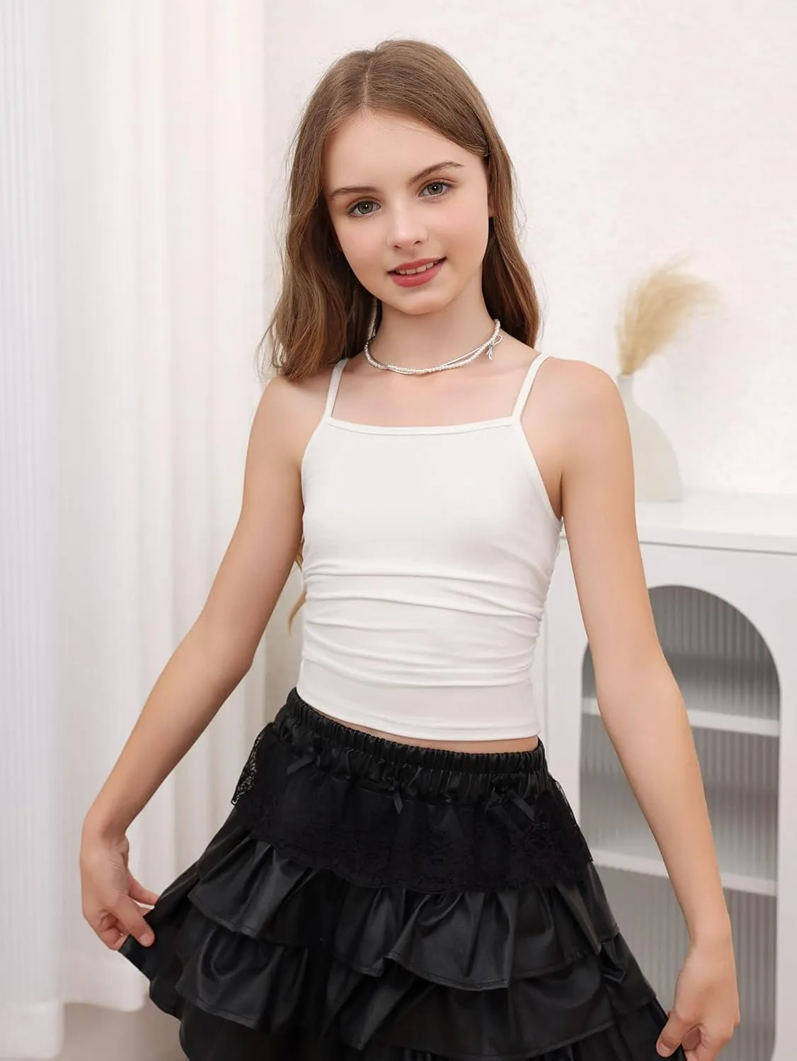 SOLY HUX Girl's Tank Tops 3 Packs Cute Ruched Spaghetti Strap Camisole Slim Fit Undershirts