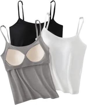 SOLY HUX Women's Camisole 3 Packs Spaghetti Strap Basic Cami Tops with Built in Bra Undershirts