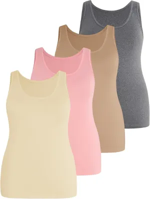 SOLY HUX Women's Plus Size 4 Packs Long Tank Tops Sleeveless Undershirts Layering Basic Vests