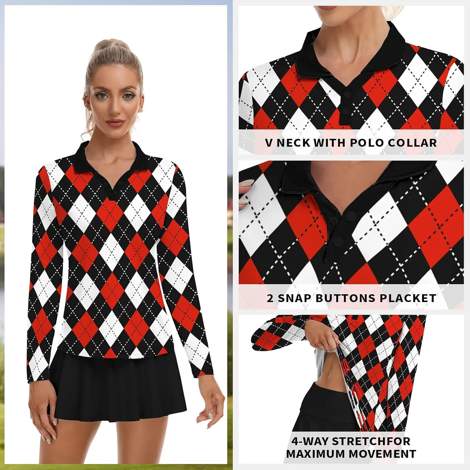 Soneven Women's Golf Polo Shirts - Moisture Wicking Long Sleeve Collared V-Neck